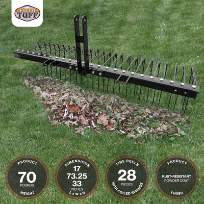 Field Tuff 3 Point 72 Inch Durable Powder Coated Steel Pine Straw Rake, Black