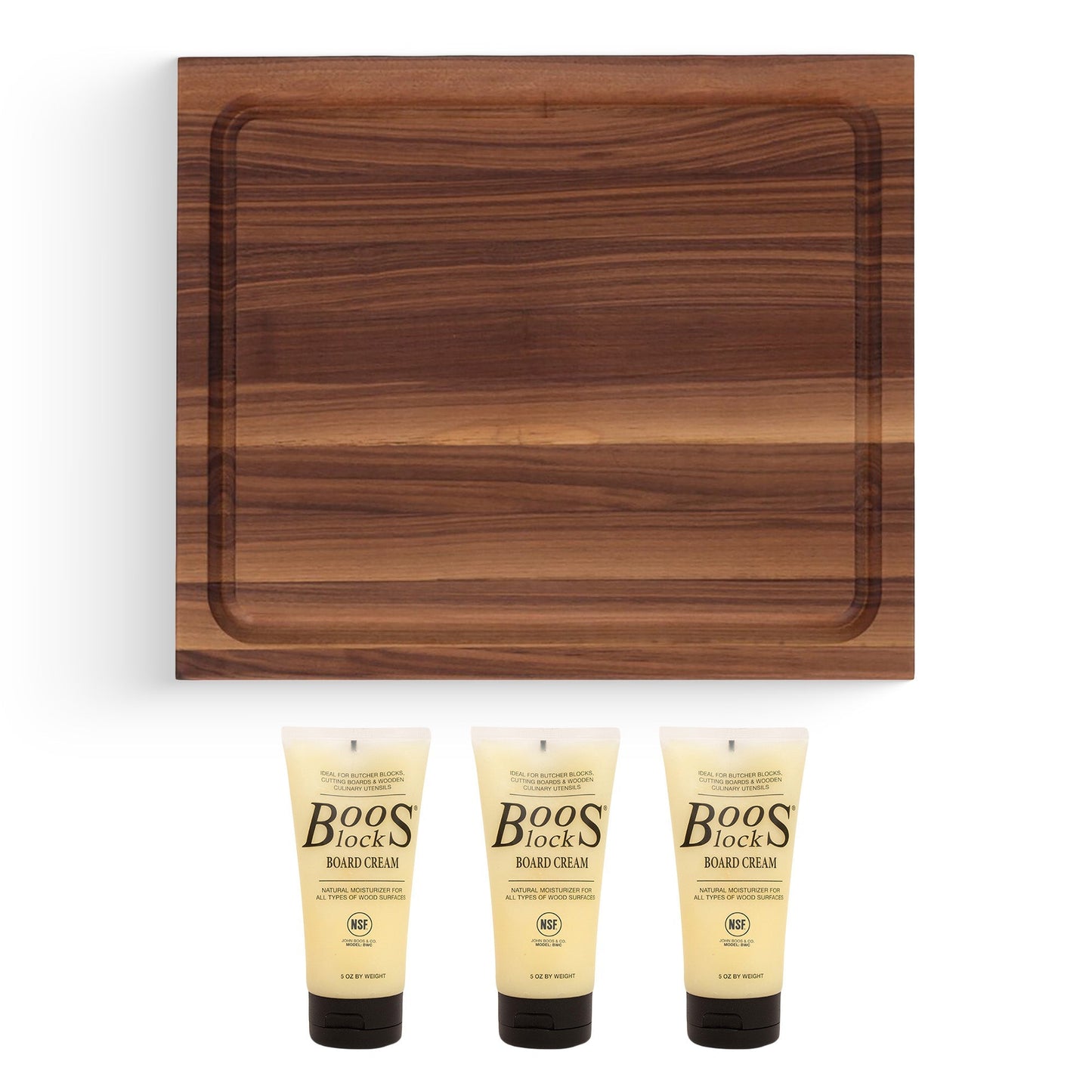 John Boos Walnut Wood Juice Groove Cutting Board w/Boos Block Care Cream, 3 Pack