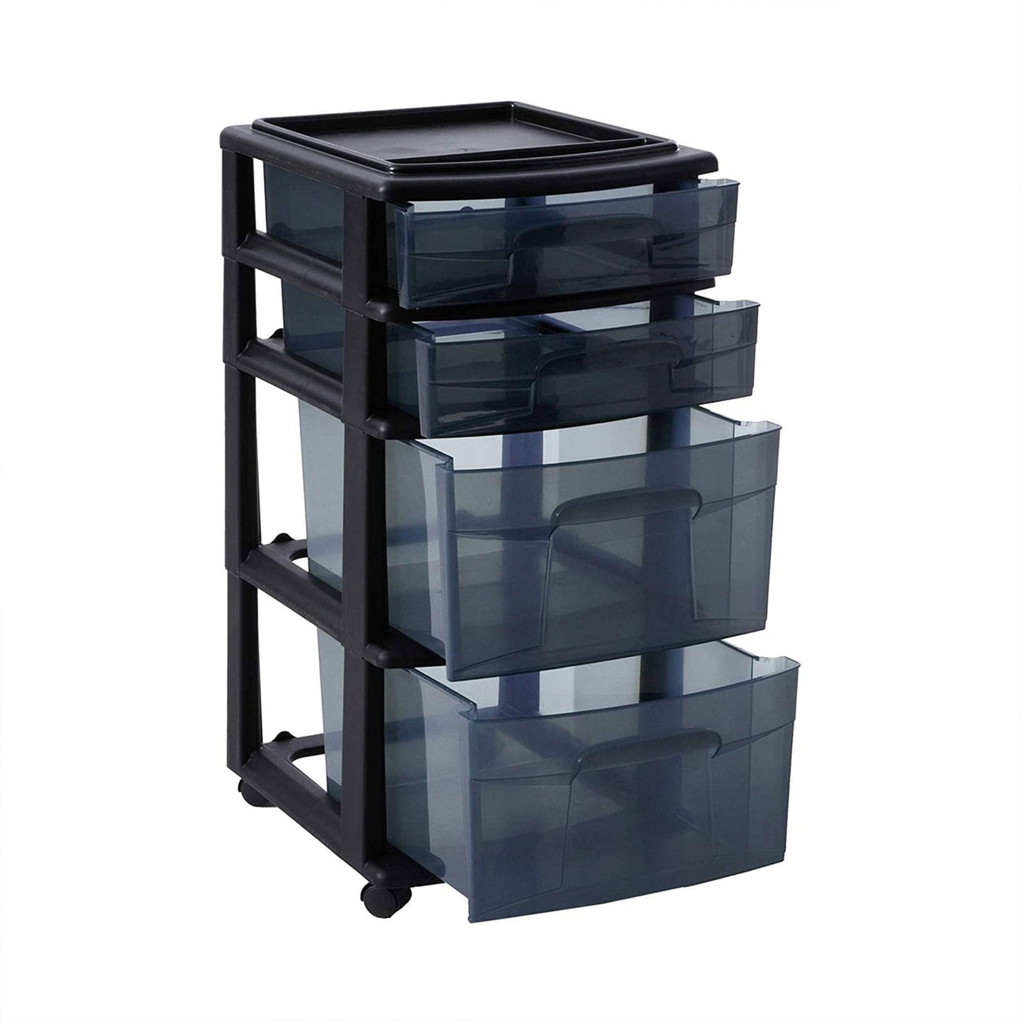 Homz Tall Solid Plastic 4 Drawer Medium Storage Cart with Wheels, Black (2 Pack)