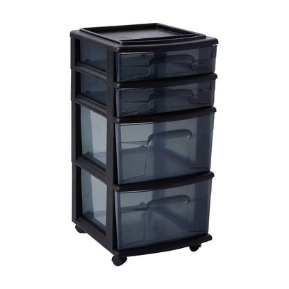 Homz Tall Solid Plastic 4 Drawer Medium Storage Cart with Caster Wheels, Black