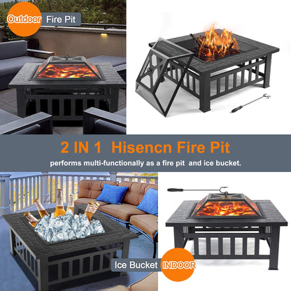 SEGMART Outdoor Fire Pit, 32" Square Metal Fire Pit Table with Spark Screen & Log Poker, Stove Wood Burning Fire Pit Bowl, Ideal for Yard Patio Beach Picnic Bonfire