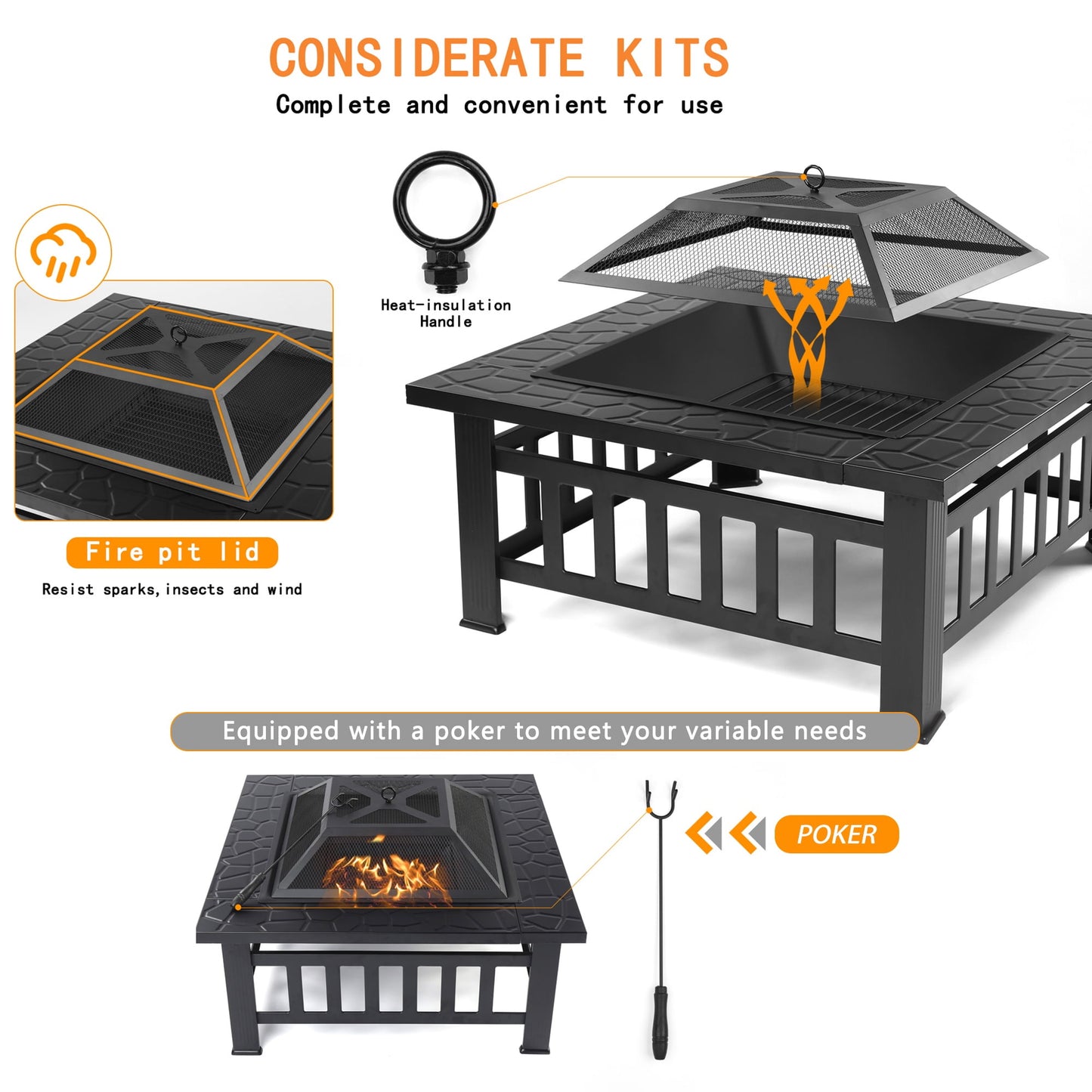 Multifunctional Fire Pit Table, 32'' Fireplace Heater/Ice Pit, Square Metal Fire Pit Stove with Screen Lid and Log Poker for Backyard Garden Camping Picnic Bonfire