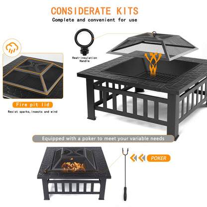 Multifunctional Fire Pit Table, 32'' Fireplace Heater/Ice Pit, Square Metal Fire Pit Stove with Screen Lid and Log Poker for Backyard Garden Camping Picnic Bonfire