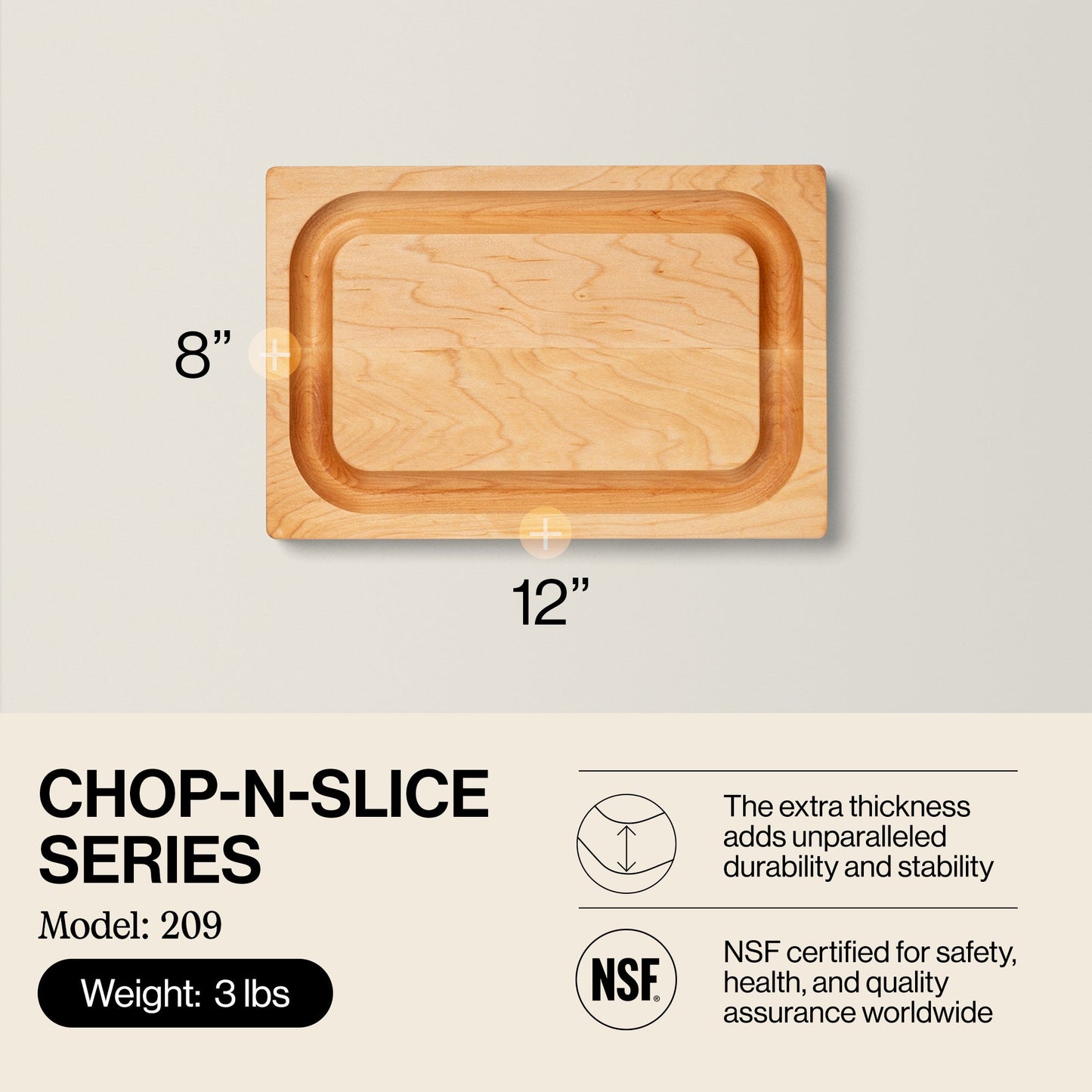 John Boos Chop N Slice Maple Wood Edge Grain Cutting Board, 8" x 12" x 1.25"
