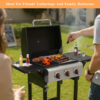 CIG GARDEN 3 Burner Propane Gas Grill, 31,500 BTU Output Outdoor BBQ Grill with Cast Iron Grates and Versatile Mini Grill Pan, Perfect for Outdoor Cooking, Balcony, Backyard, Camping