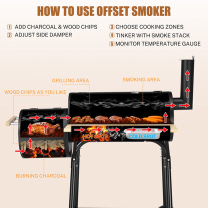 Enyopro Charcoal Grill, Portable BBQ Grill & Smoker Combo, with Offset Smoker and Wood Shelf, Thermometer, Wheels, for Outdoor Picnic, Patio, Backyard, Camping