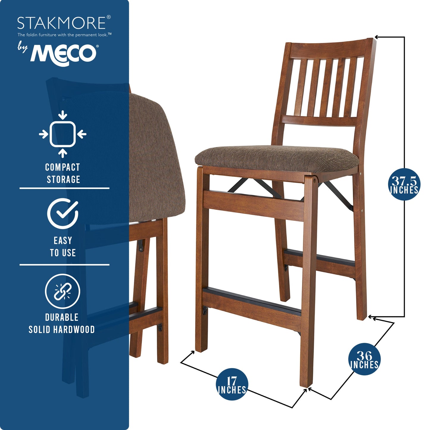 MECO Stakmore Fabric Upholstered Seat Folding Counter Stools, Espresso (2 Pack)