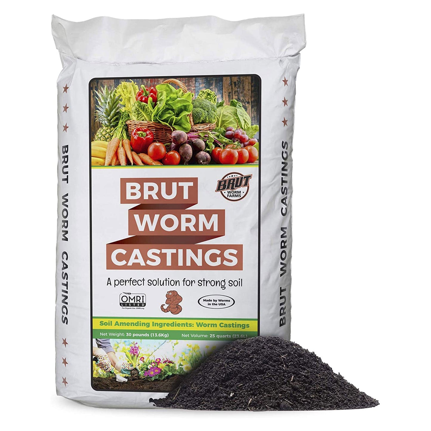 Brut All Natural Organic Worm Castings Soil Builder, 30 Pound Bag