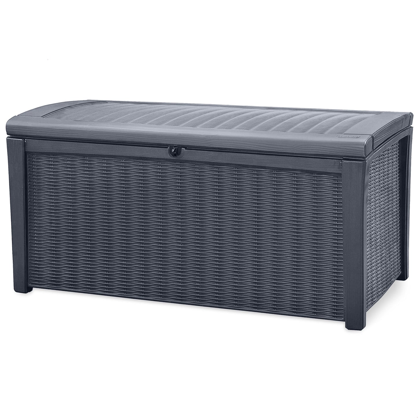 Keter Borneo 110 Gallon Rattan Wicker Resin Patio Deck Storage Box Bench, Grey