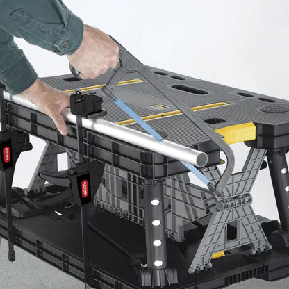 Keter Folding Portable Workbench Sawhorse w/12 In Clamps, Black/Yellow (2 Pack)