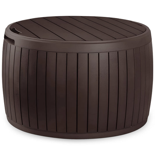 Keter Circa 37gal Round Patio Box Stylish Storage Table and Seating, Brown Resin