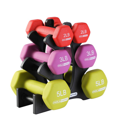 HolaHatha Neoprene Dumbbell Free Hand Weight Set with Rack