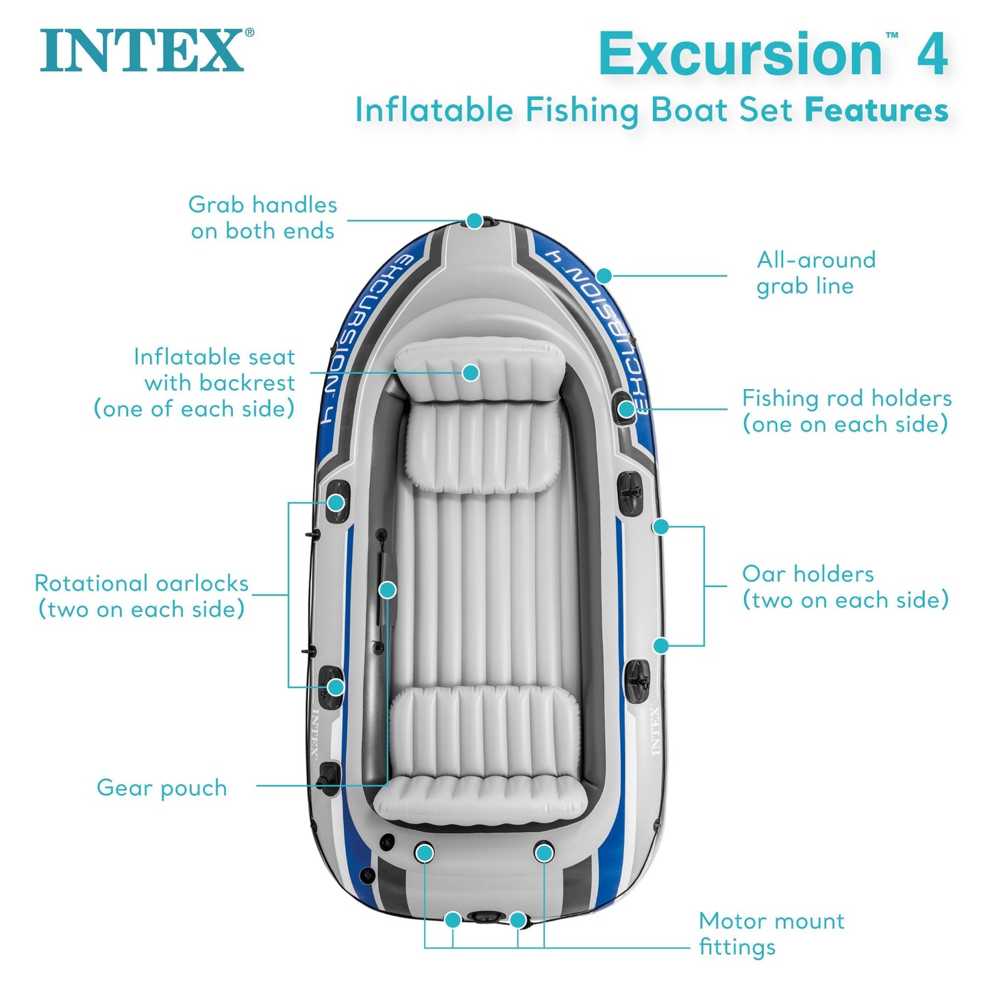 Intex Excursion 4 Inflatable Rafting/Fishing Boat Set With 2 Oars | 68324EP