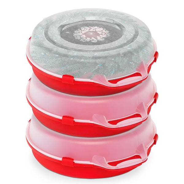 Homz 24 Inch Seasonal Holiday Christmas Plastic Wreath Storage Box, Red Set of 3