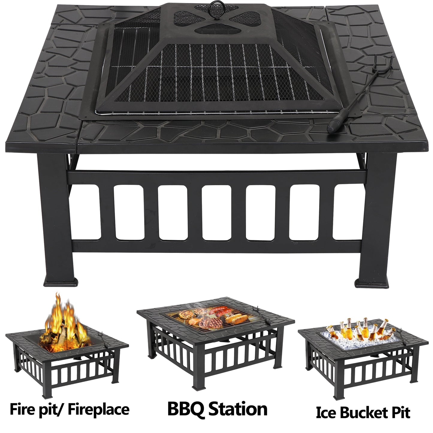 HomGarden 32'' Portable Fire Pit Wood Burning Outdoor Fireplace W/BBQ Grill & Poker & Mesh Lid