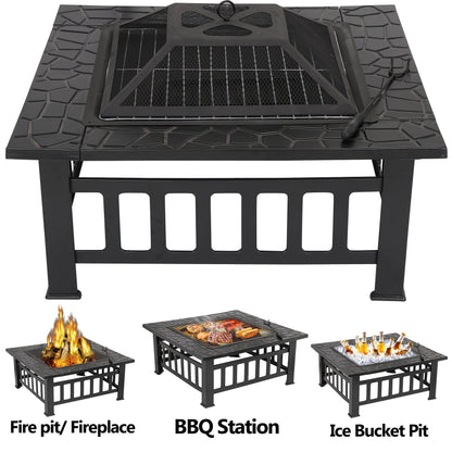 HomGarden 32'' Portable Fire Pit Wood Burning Outdoor Fireplace W/BBQ Grill & Poker & Mesh Lid