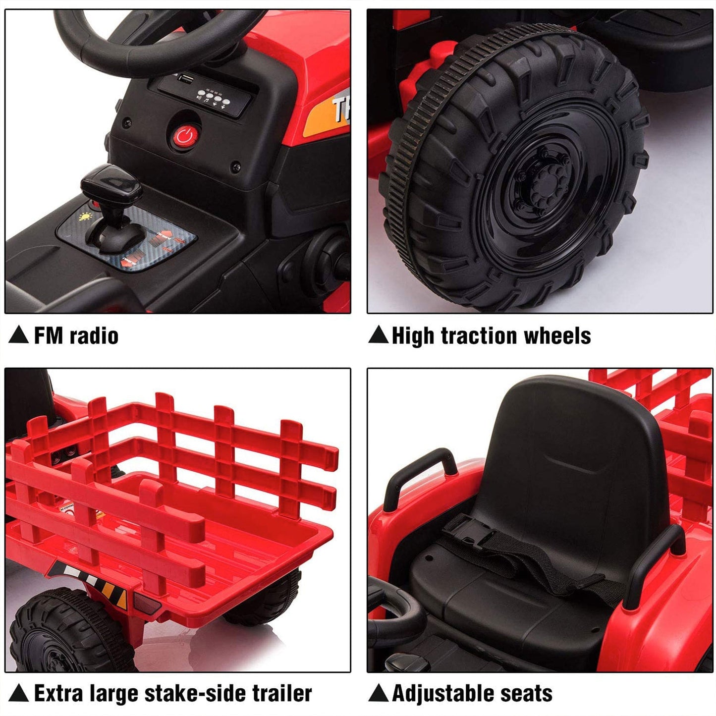 TOBBI 12V Kids Electric Battery-Powered Ride On Toy Tractor with Trailer, Red