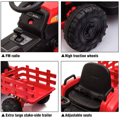 TOBBI 12V Kids Electric Battery-Powered Ride On Toy Tractor with Trailer, Red