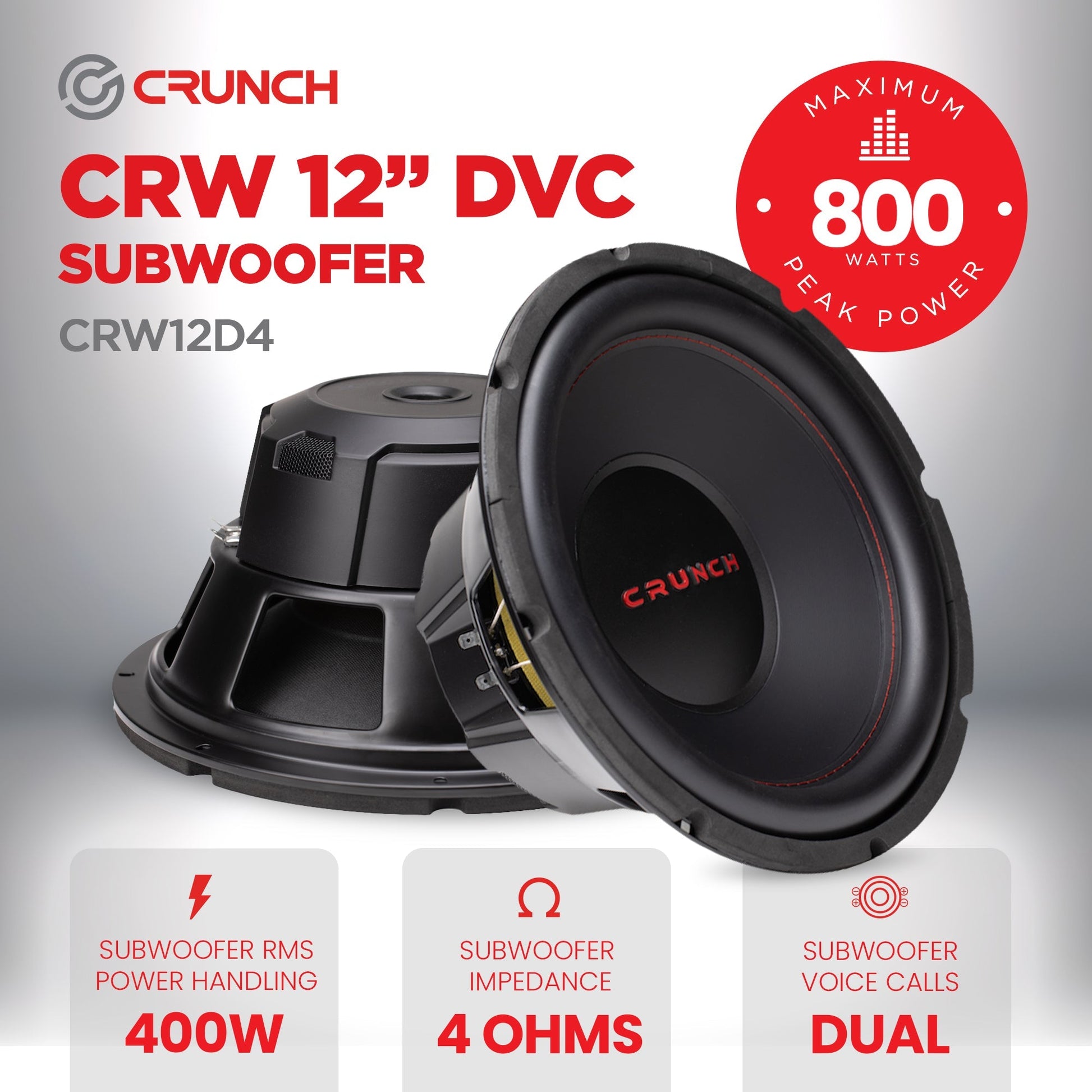 Crunch CRW12D4 12 Inch 800 Watt MAX 4 Ohm Dual Voice Coil Car Subwoofer Speaker - Find Fresh Goods