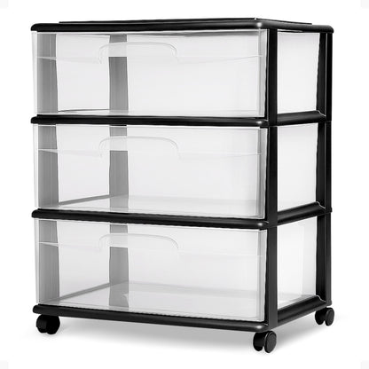 Homz Tall Solid Plastic 3 Drawer Medium Storage Cart with Caster Wheels, Black