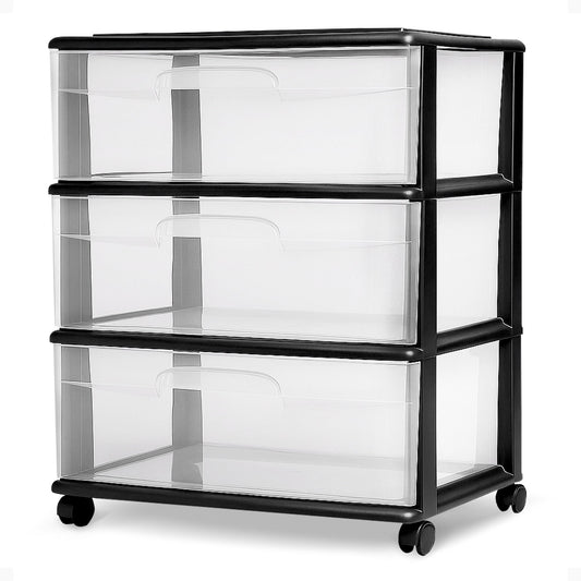 Homz Tall Solid Plastic 3 Drawer Medium Storage Cart with Caster Wheels, Black