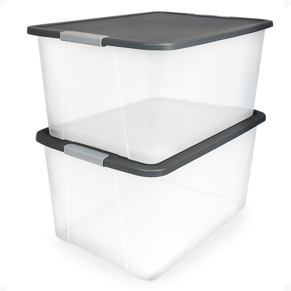Homz 64Qt Stackable Plastic Storage Bin Container Box w/Latch Lid, Gray (2 Pack)