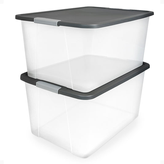 Homz 64Qt Stackable Plastic Storage Bin Container Box w/Latch Lid, Gray (2 Pack)