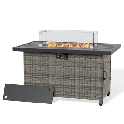 44 Inch Outdoor Wicker Fire Pit Table, 50000 BTU Propane Fire Pits with Glass Wind Guard and Lid, Patio Gas Fire Pit for Outside Patio and Garden(Grey)