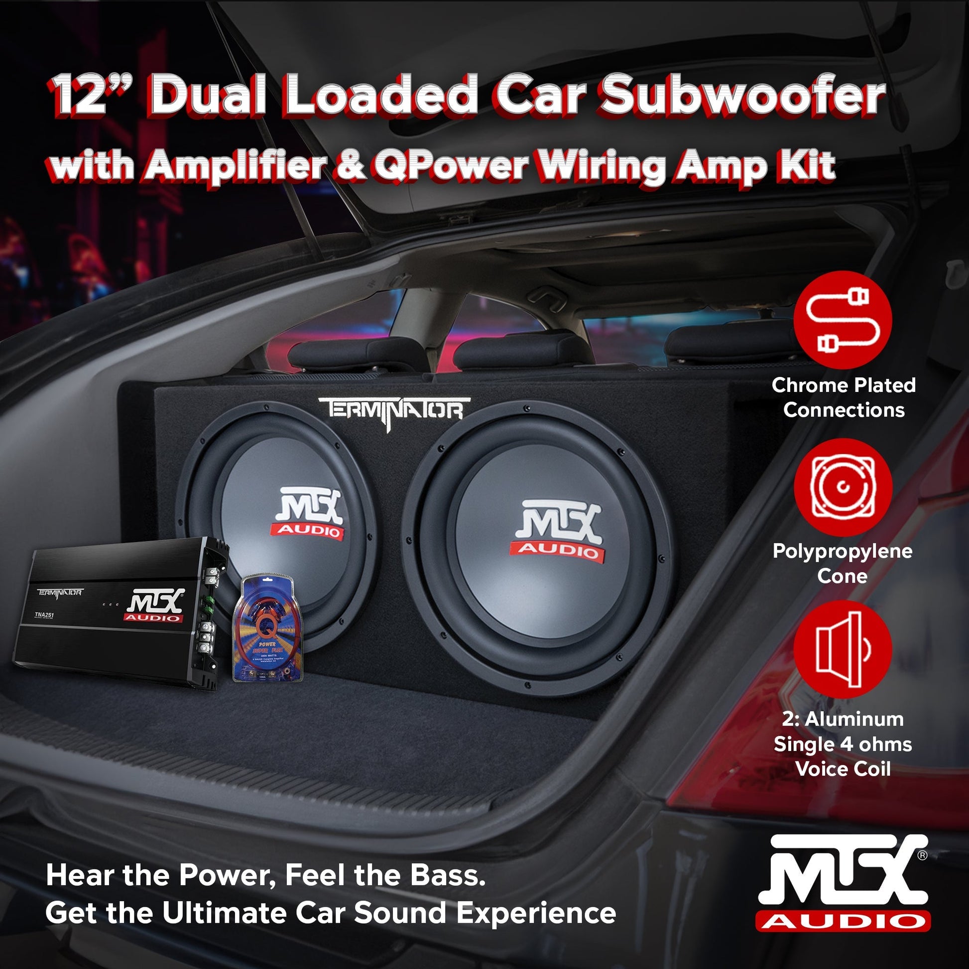 MTX 12" Dual Loaded Car Subwoofer w/ Sub Box, Amplifier, & QPower Wiring Amp Kit - Find Fresh Goods