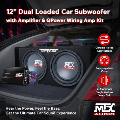 MTX 12" Dual Loaded Car Subwoofer w/ Sub Box, Amplifier, & QPower Wiring Amp Kit - Find Fresh Goods