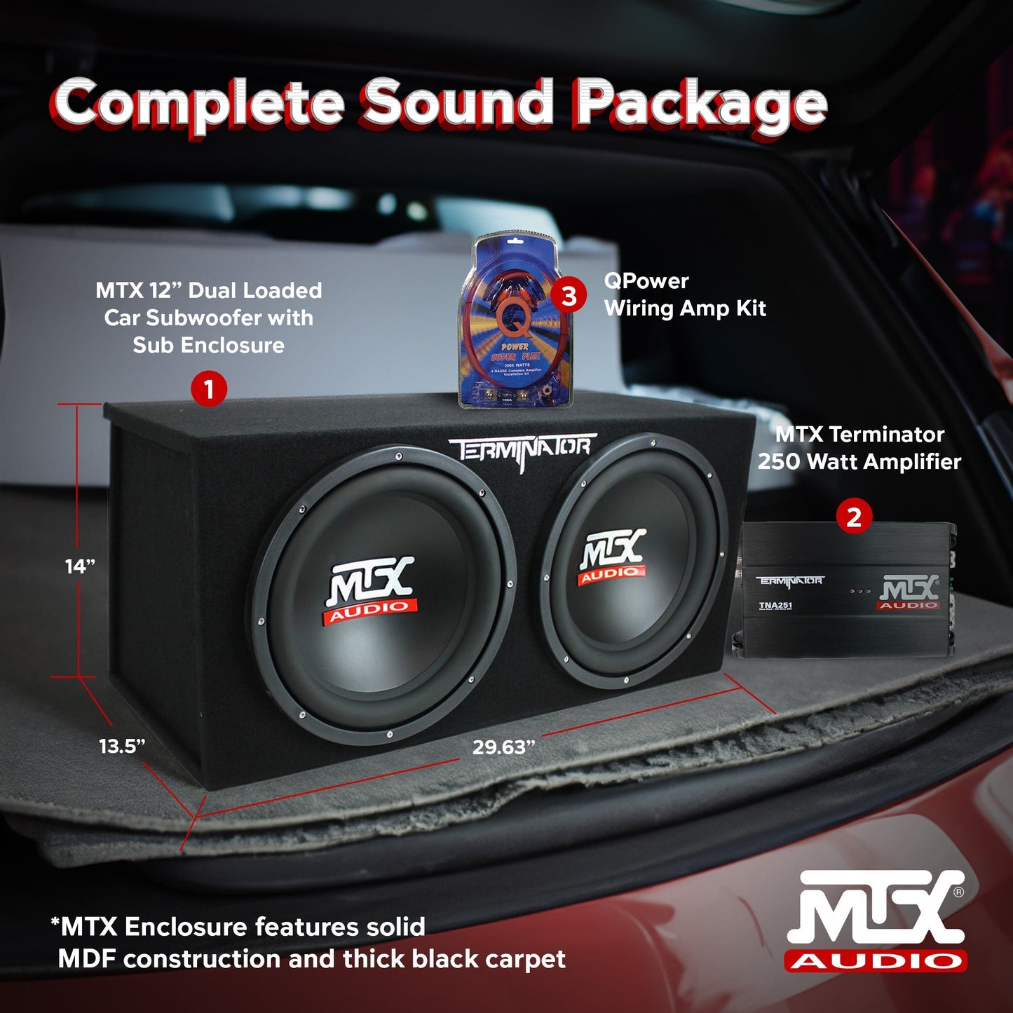 MTX 12" Dual Loaded Car Subwoofer w/ Sub Box, Amplifier, & QPower Wiring Amp Kit - Find Fresh Goods