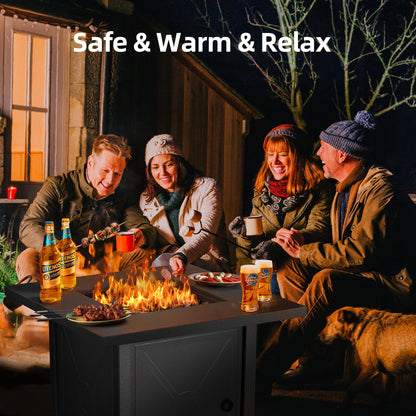 LHRIVER 28" Outdoor Propane Fire Pit Table, 40000 BTU  Steel Gas Fire Pit with Removable Lid, Lava Rocks & Rain Cover