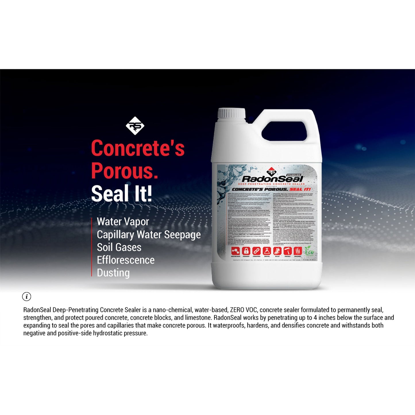 RadonSeal Outdoor/Indoor Concrete Clear Penetrating Protectant Sealer, 5 Gallon