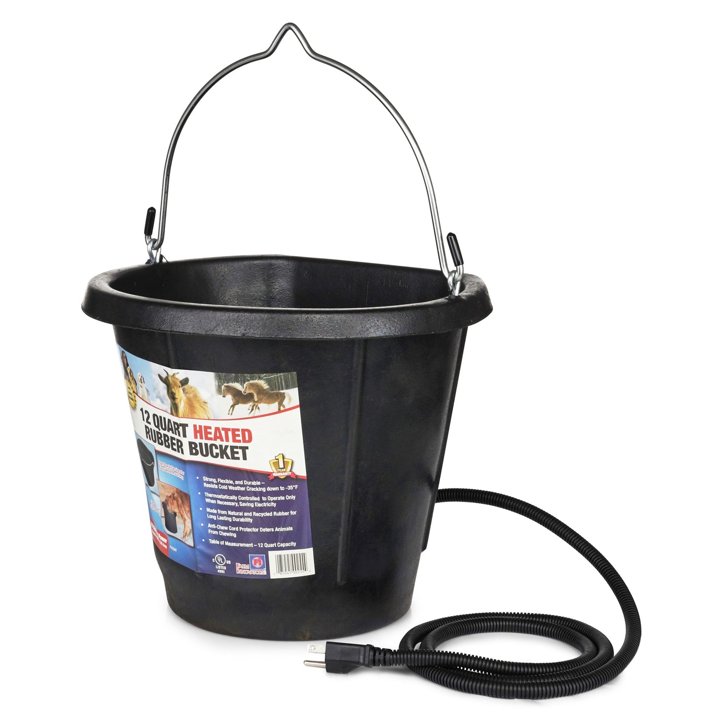 Farm Innovators FB-80R Rubber 3 Gallon Flat Back Heated Bucket, 70 Watt, Black