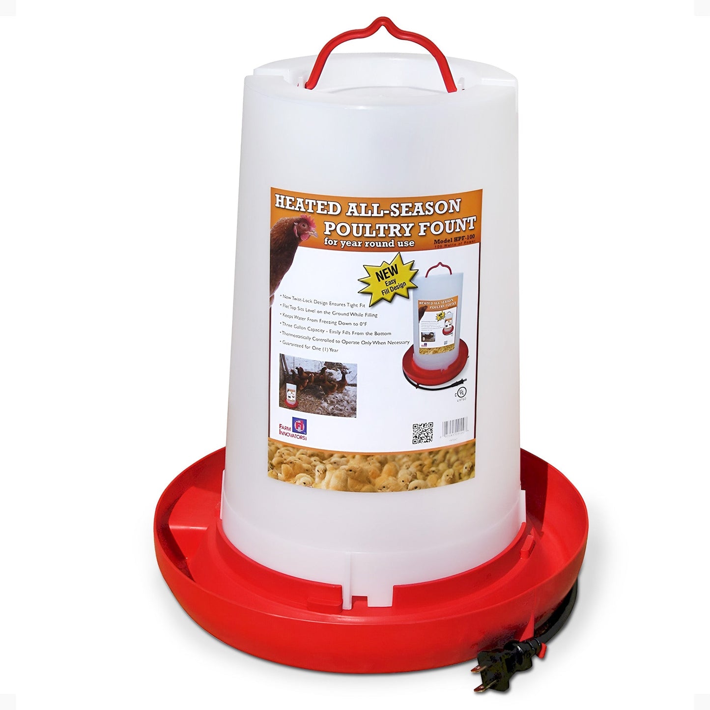 Farm Innovators HPF-100 Heated 3 Gal Plastic Hanging Poultry Water Fountain, Red