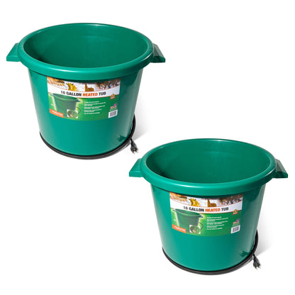Farm Innovators 16 Gallon Plastic Heated Animal Water Bucket Tub, Green (2 Pack)