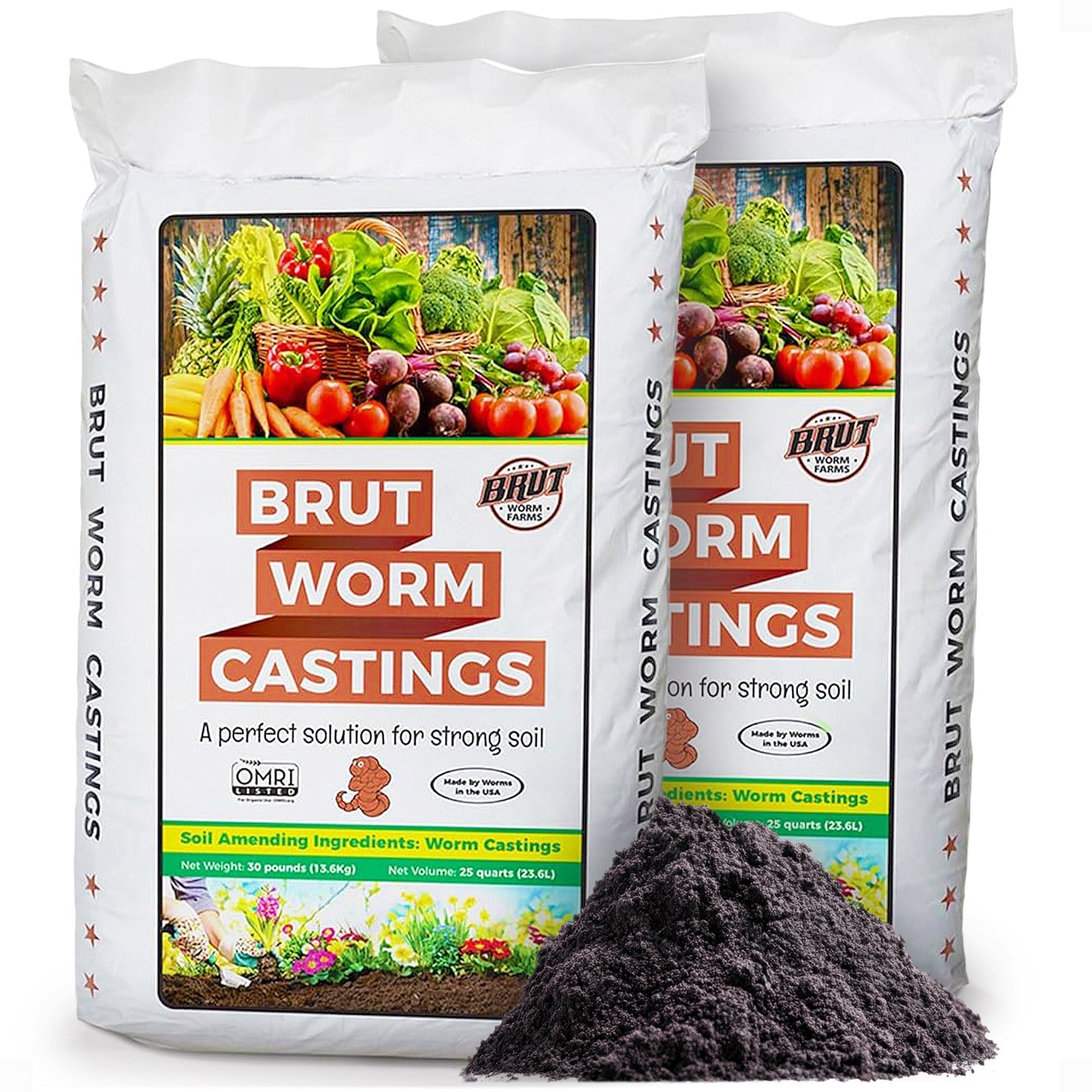 Brut Worm Farms Organic Worm Castings Soil Builder Set, 30 Pound Bag (2 Pack)
