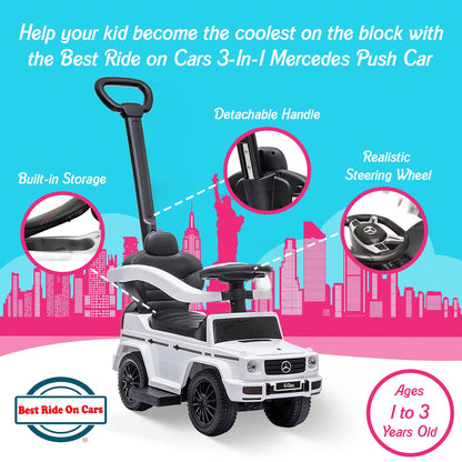 Best Ride On Cars Kids Outdoor Stroller Mercedes G-Wagon 3 in 1 Push Car, White