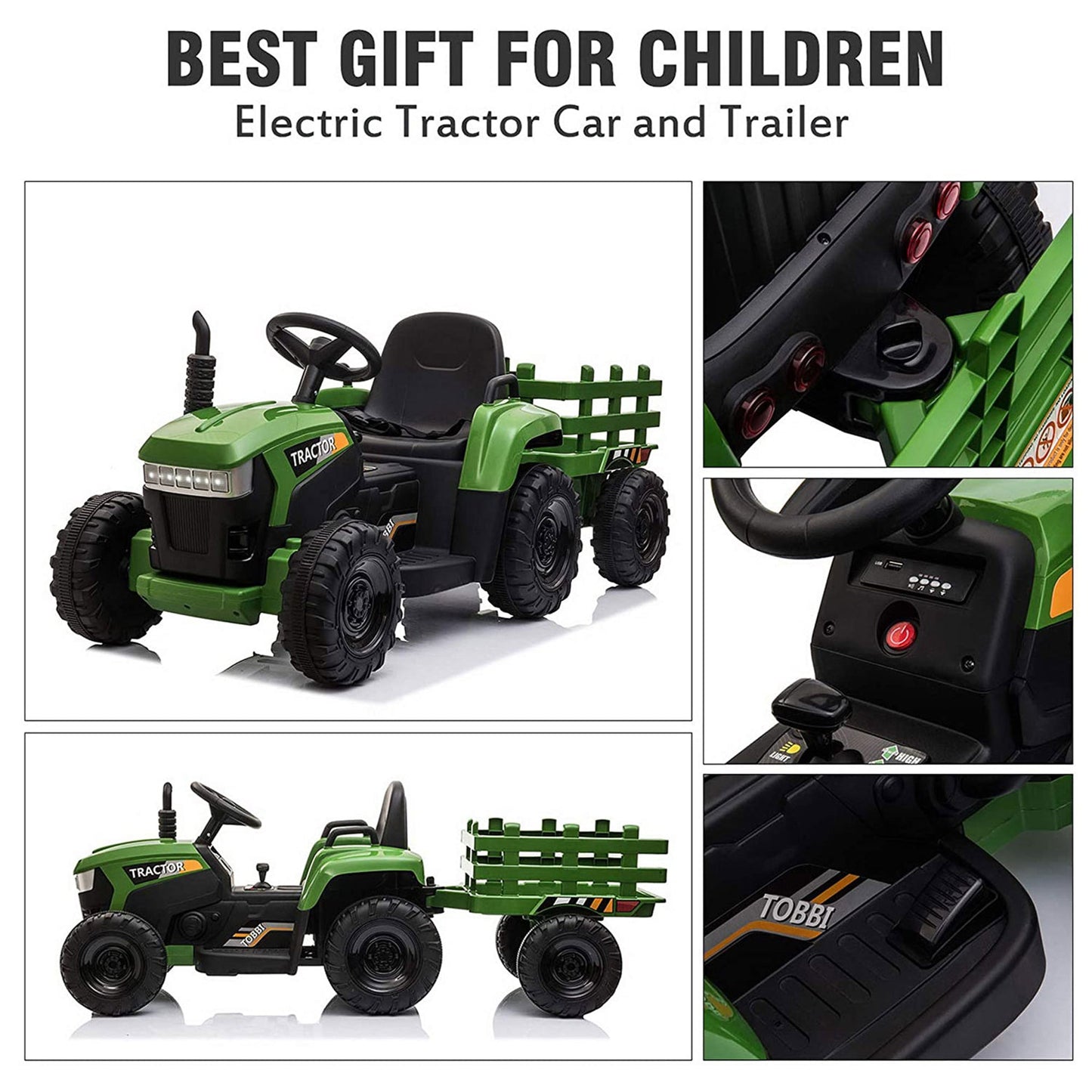 TOBBI 12 Volt Battery Operated Toy Tractor with Pull Behind Trailer, Dark Green
