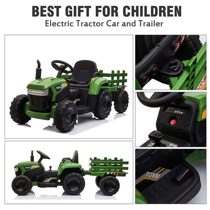TOBBI 12 Volt Battery Operated Toy Tractor with Pull Behind Trailer, Dark Green