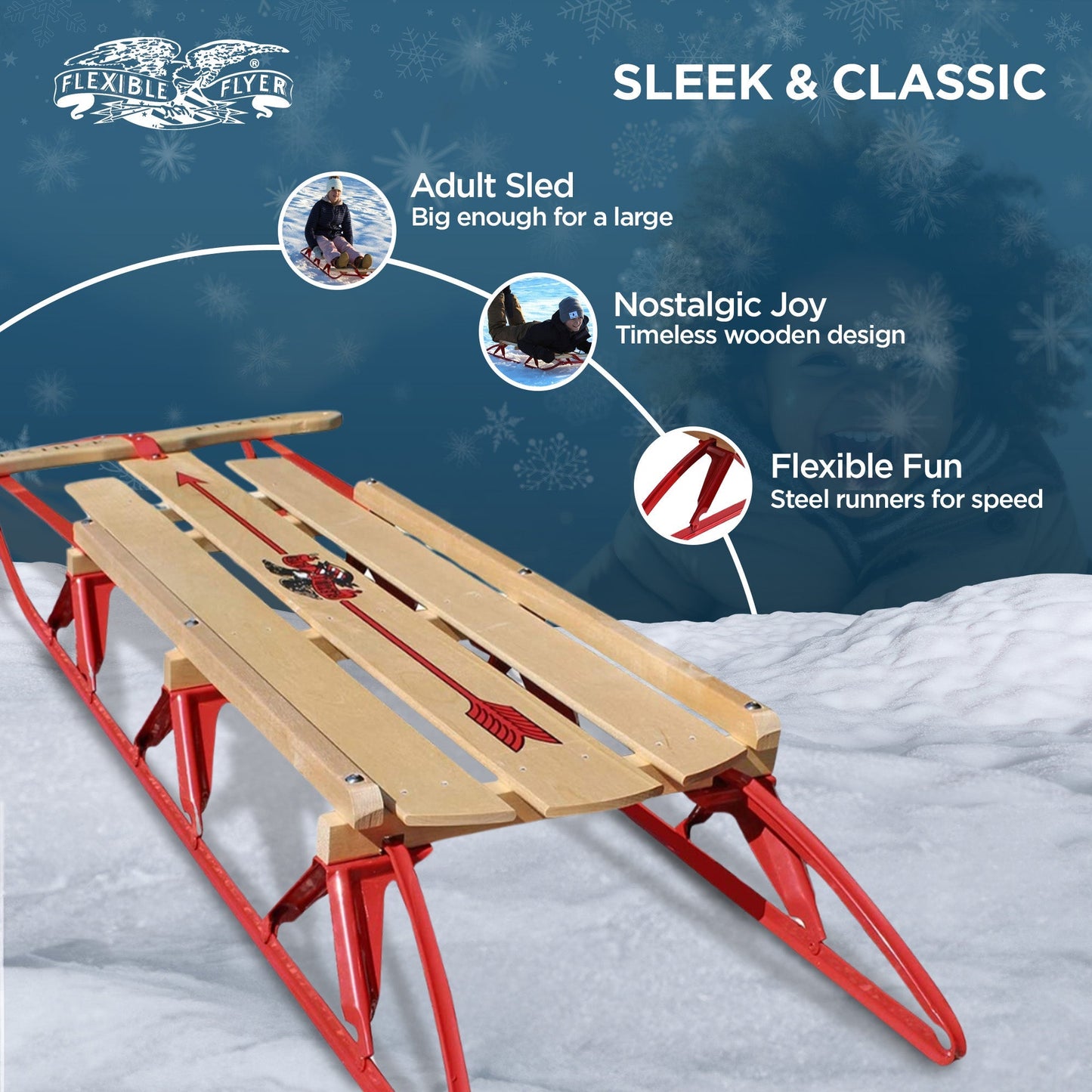 Flexible Flyer Metal Runner Steel/Wood 60" Long Snow Slider Sled for Kids, Red