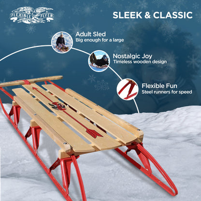 Flexible Flyer Metal Runner Steel/Wood 60" Long Snow Slider Sled for Kids, Red
