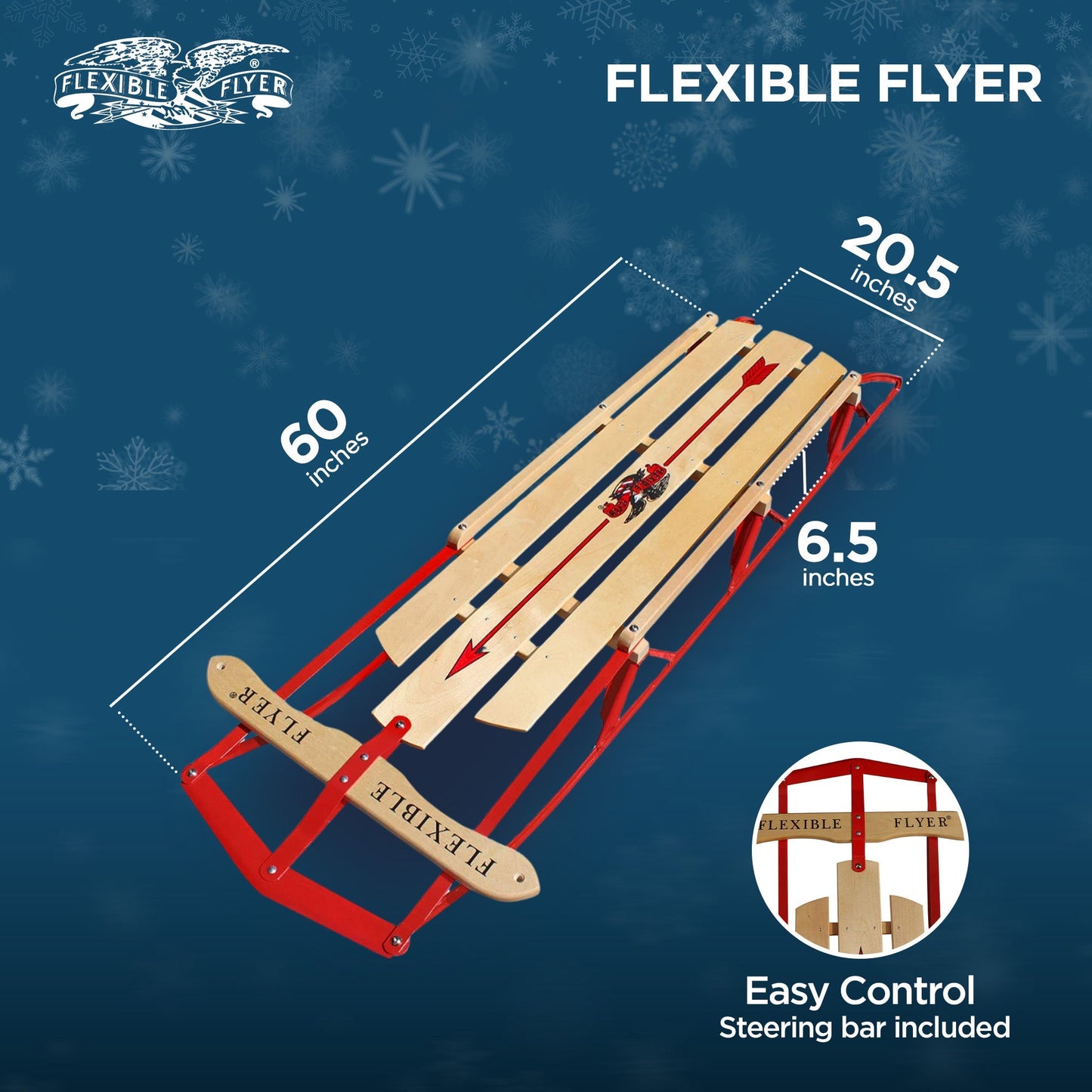 Flexible Flyer Metal Runner Steel/Wood 60" Long Snow Slider Sled for Kids, Red