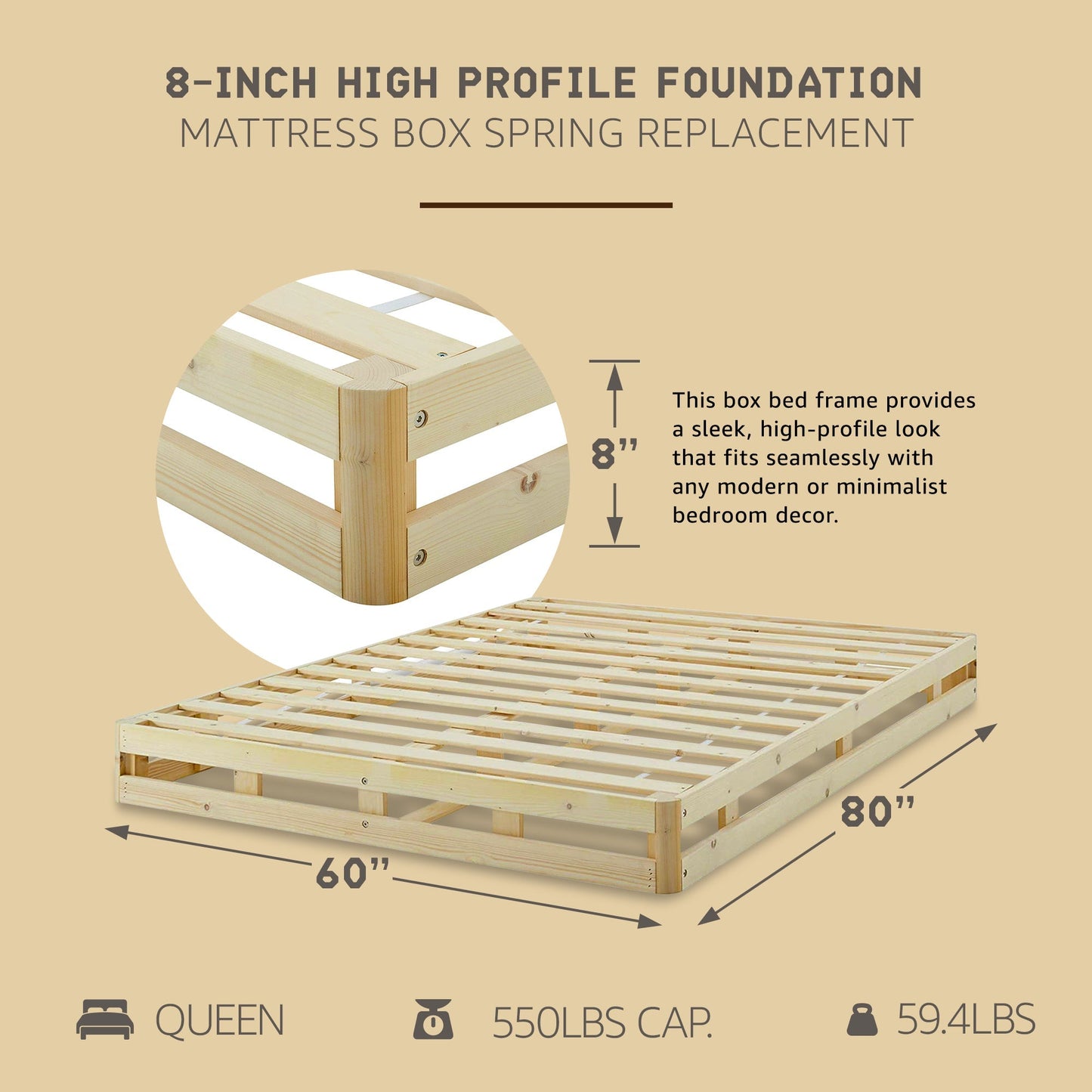 Hercules 8 Inch High Profile Instant Foundation Box Spring Replacement, Queen