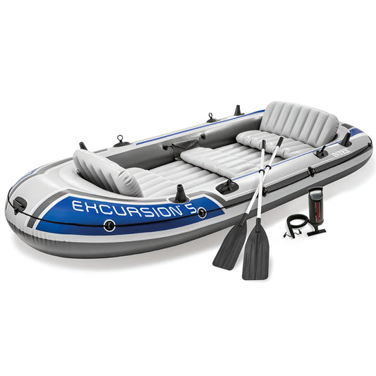 Intex Excursion 5 Person Inflatable Boat, Water Fishing River Raft Set w/Oars