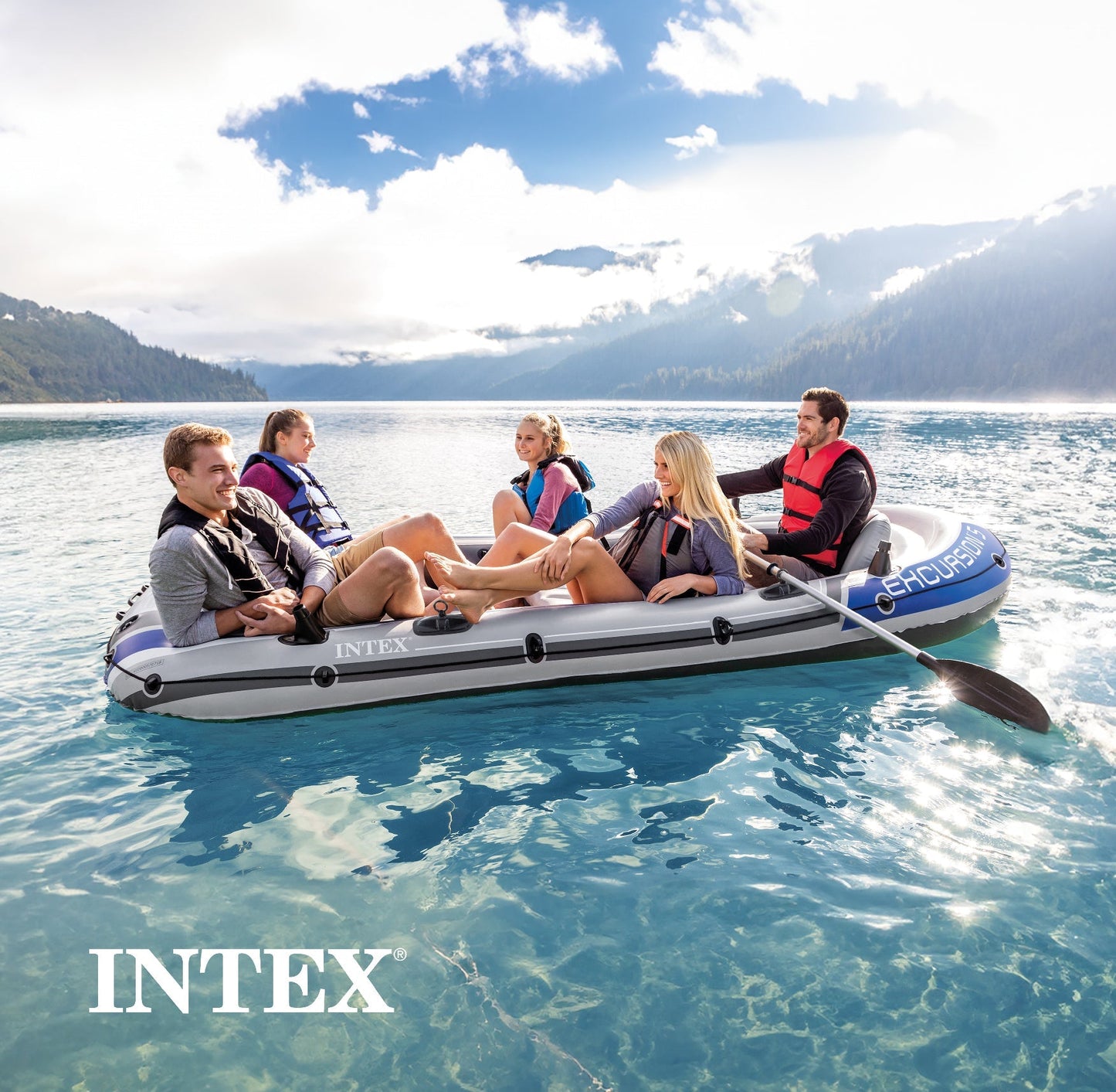 Intex Excursion 5 Person Inflatable Fishing Raft Boat with Composite Motor Mount
