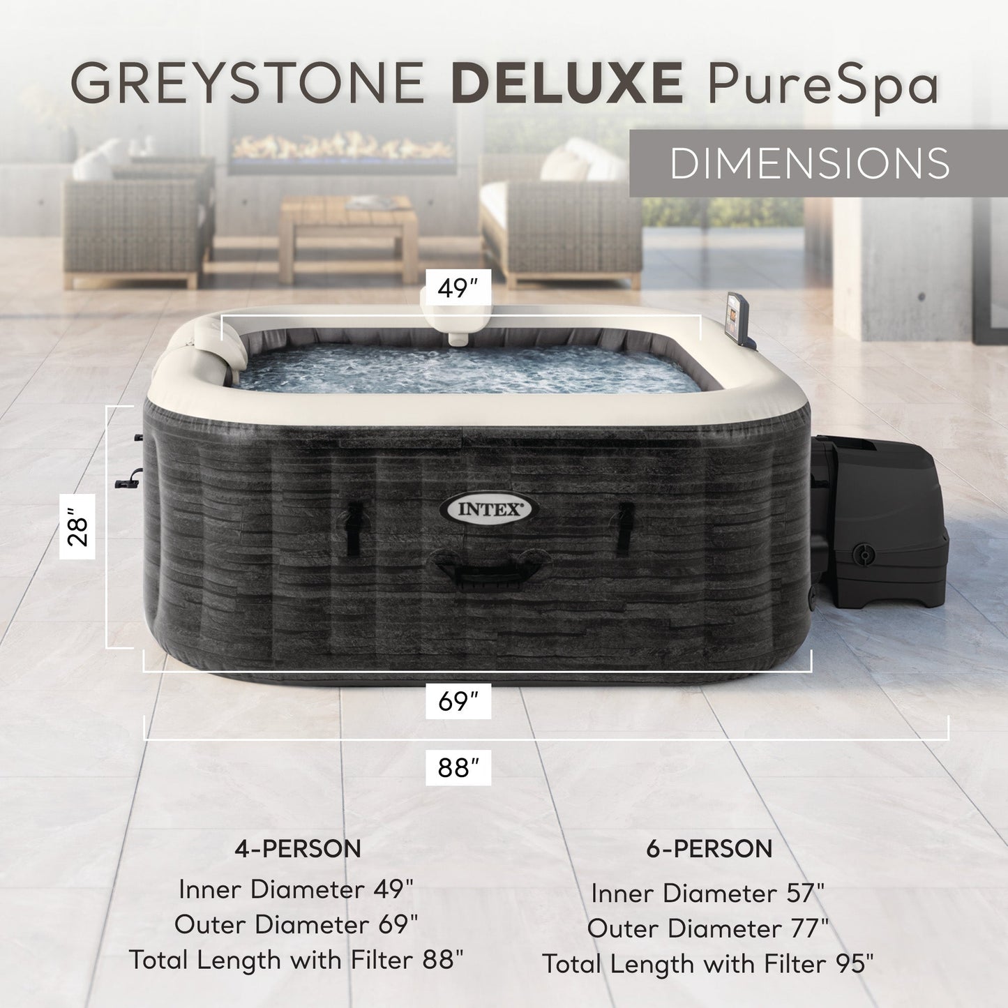 Intex PureSpa Plus Greystone 4 Person Inflatable Square Hot Tub Spa, 83 x 28"