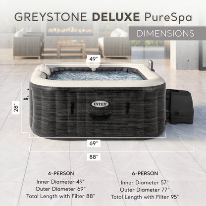 Intex PureSpa Plus Greystone 4 Person Inflatable Square Hot Tub Spa, 83 x 28"
