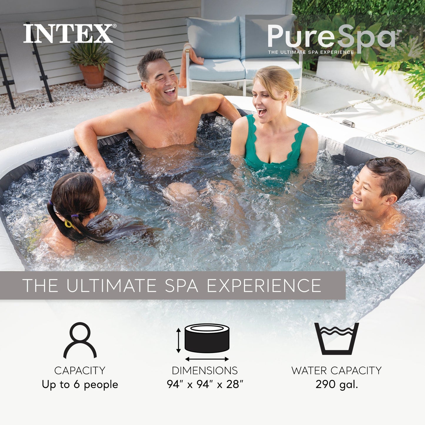 Intex PureSpa Plus Greystone 6 Person Inflatable Square Hot Tub w/ 170 AirJets