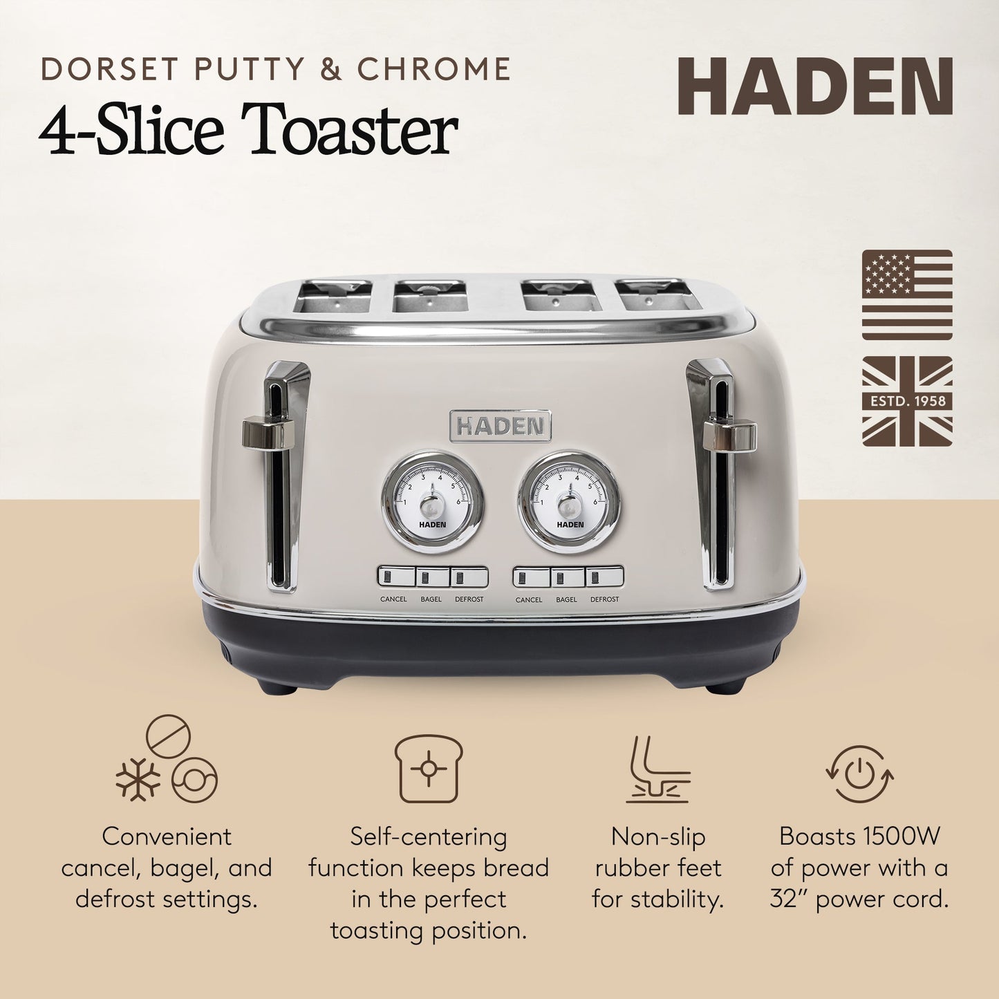 Haden Dorset 4 Slice Wide Slot Stainless Steel Toaster, Putty & Chrome